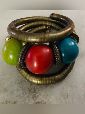 African Handmade Coil Bracelet, Flexible Brass with Red, Teal &Green Beads NWOT